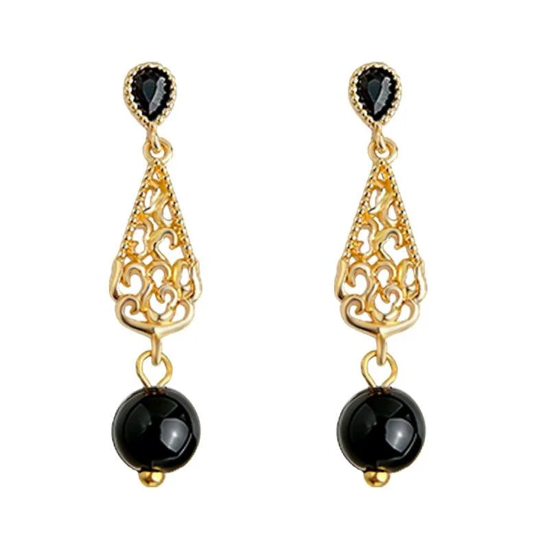 Vintage Floral Teardrop Tassel Drop Earrings With Copper, Black Agate, Zircon