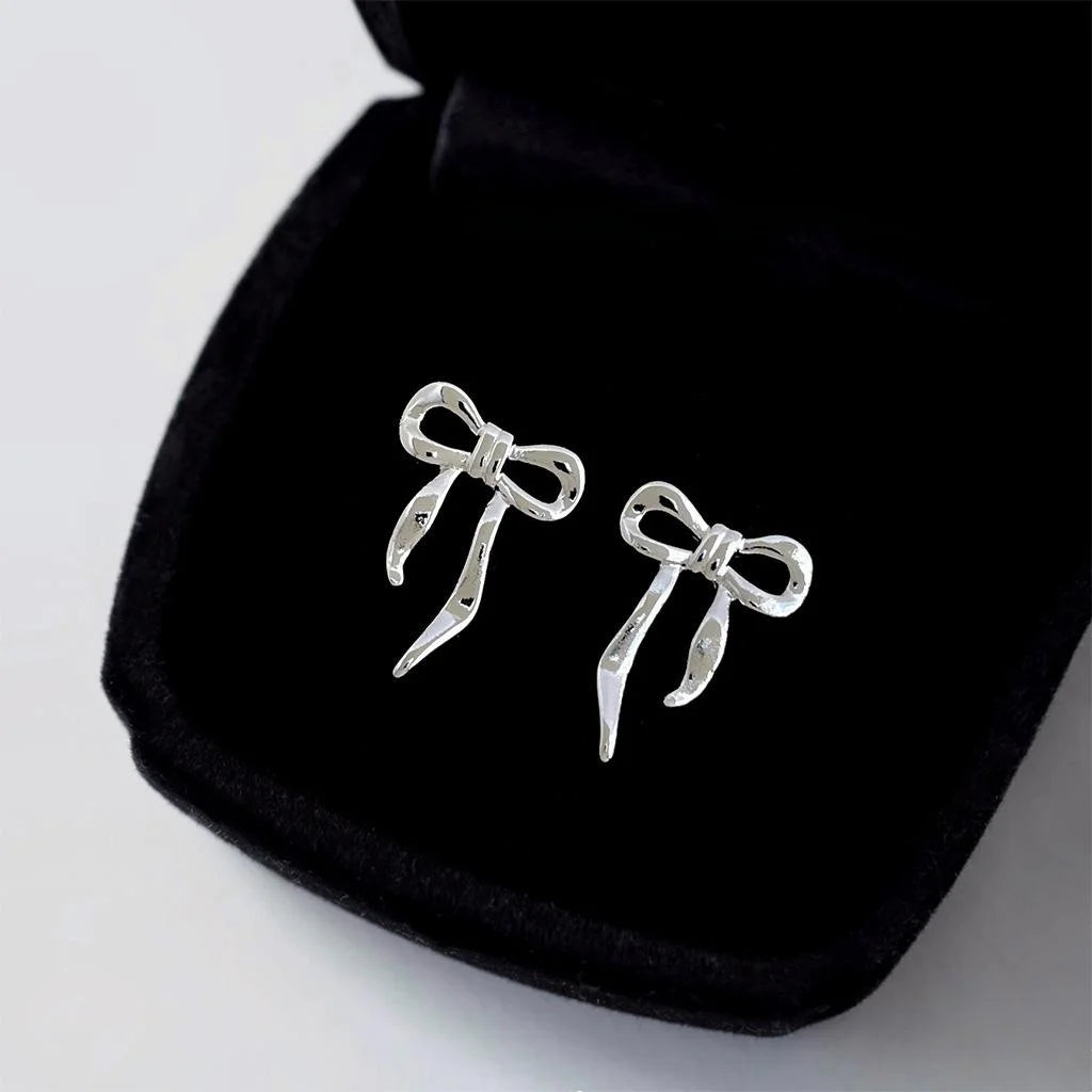 Sweet Ballet Bow Ribbon Stud Earrings Smooth Metal Copper For Women