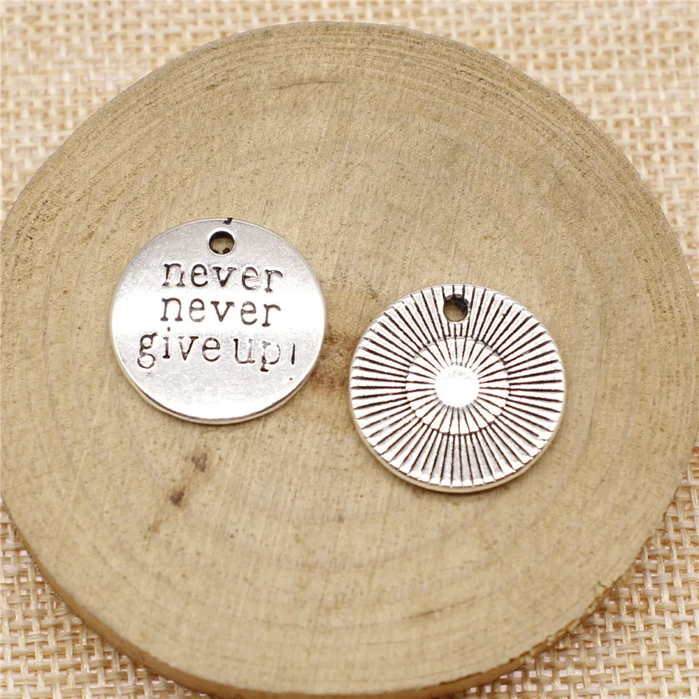 20mm 3g Zinc Alloy never never give up Word Tag Letter Charm Pendant for DIY Bracelet Necklace