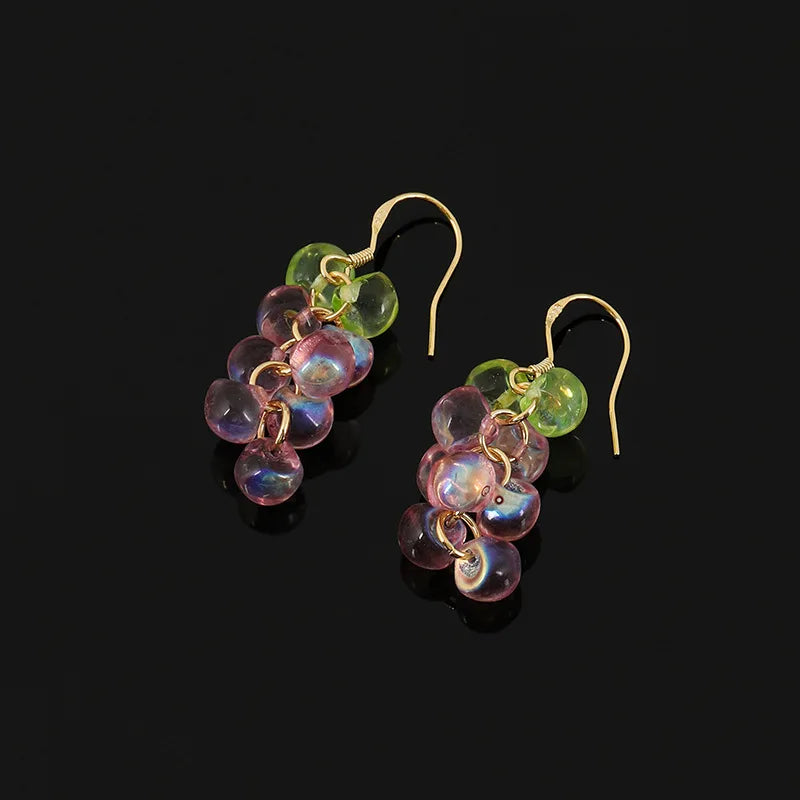 Elegant Forest Style Grape Cluster Crystal Bead Drop Stud & Clip On No Piercing Gold Alloy Hoop Earrings