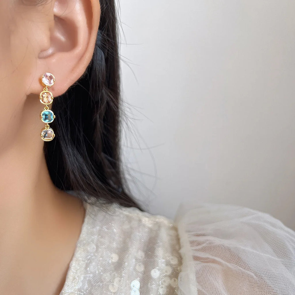 Elegant Multicolor Zircon Tassel Drop Alloy Stud & Clip On No Piercing Sweet Spiral Back Earrings