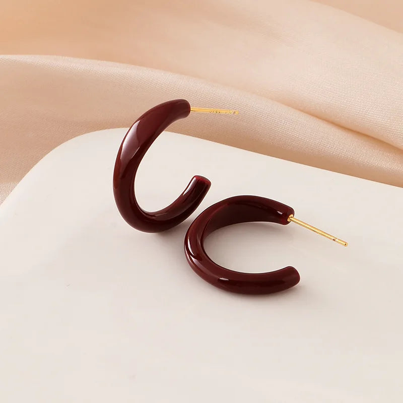 Vintage Burgundy Enamel Thick C Hoop Stud & Clip On No Piercing Glossy Alloy Open Circle Earrings