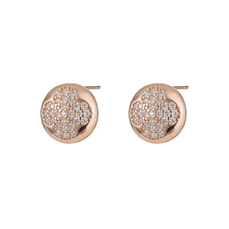 Luxury Four Leaf Clover Rhinestone Round Alloy Stud & Clip On No Piercing Commuter Earrings