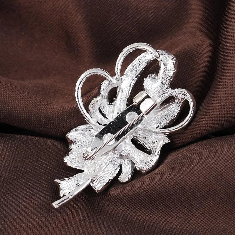 Elegant Silver Alloy Rhinestone Bow Bouquet Brooch, Pearl Wedding Corsage Lapel Pin Suit Accessory Gift