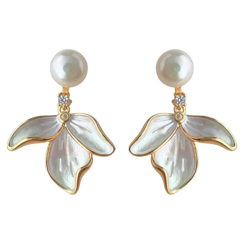 14K Gold Plated Copper Freshwater Pearl Micro Pave Zircon Iris Flower Sweet Drop Earrings