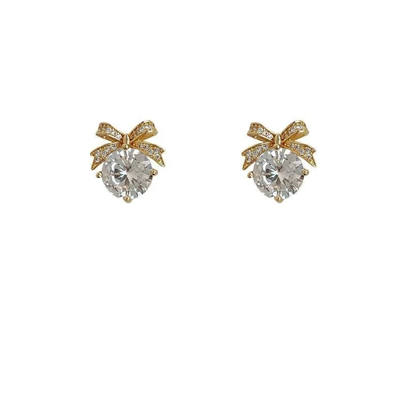 Light Luxury 14K Plated Copper Heart Bow Drop Earrings With Micro Pave Zircon