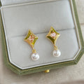 Old Money Style Geometric Round Square Drop Earrings, Enamel Pearl Zircon Silver Plated Pin