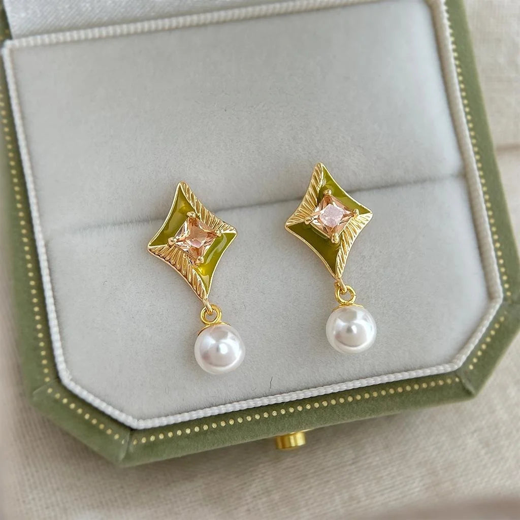 Old Money Style Geometric Round Square Drop Earrings, Enamel Pearl Zircon Silver Plated Pin