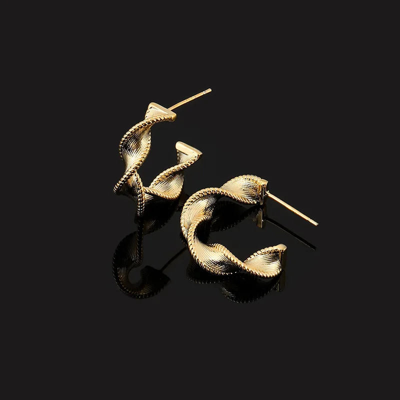 Elegant Gold Alloy Twisted Rope Hoop Stud & Clip On No Piercing Textured Spiral Circle Earrings