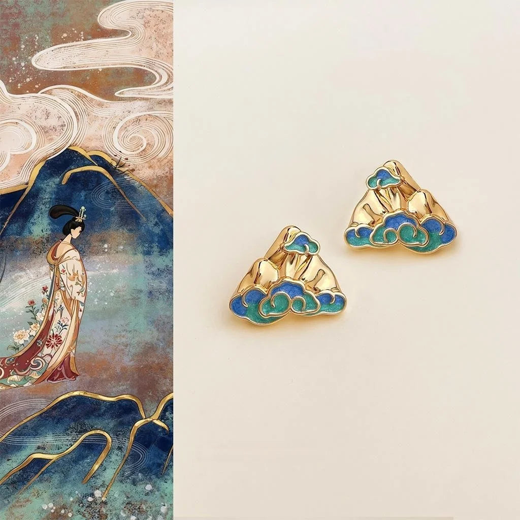 New Chinese Style Geometric Mountain Cloud Painted Enamel Copper Stud Earrings