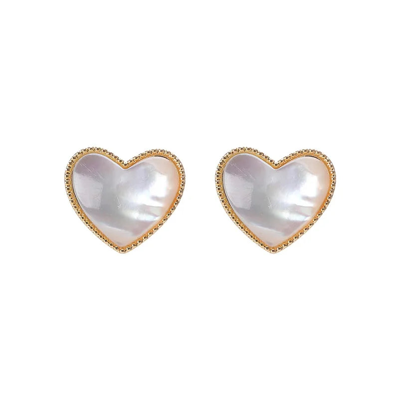 Elegant Natural Shell Heart Stud & Clip On No Piercing Gold Alloy Beaded Edge Sweet Women Earrings