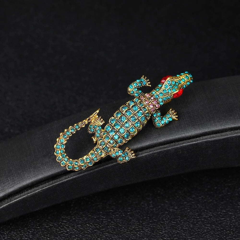 Luxury Blue Rhinestone Crocodile Brooch, Gold Tone Alloy Animal Lapel Pin Corsage Suit Accessory Gift