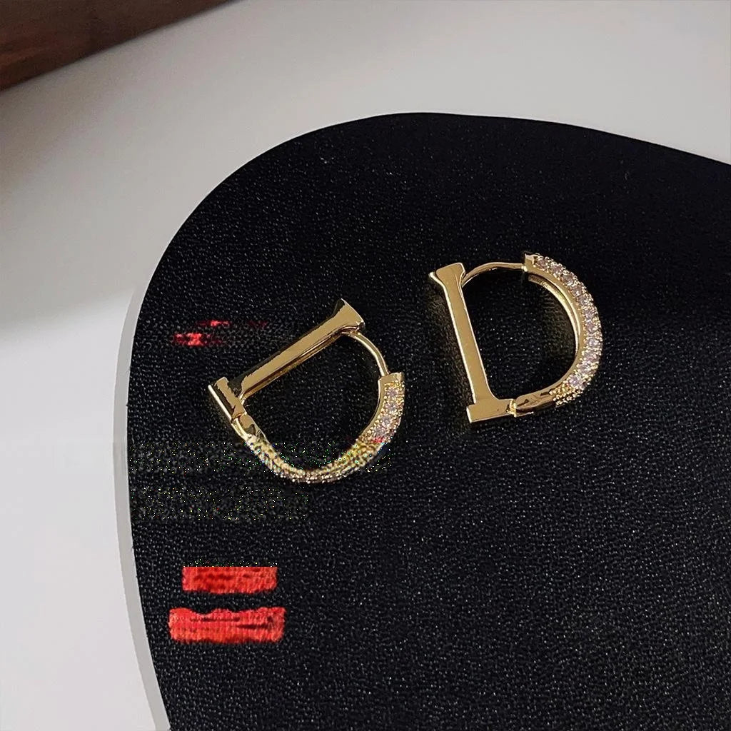 Copper Micro Pave Zircon Letter D Drop Earrings Light Luxury Geometric Semi Circle Jewelry
