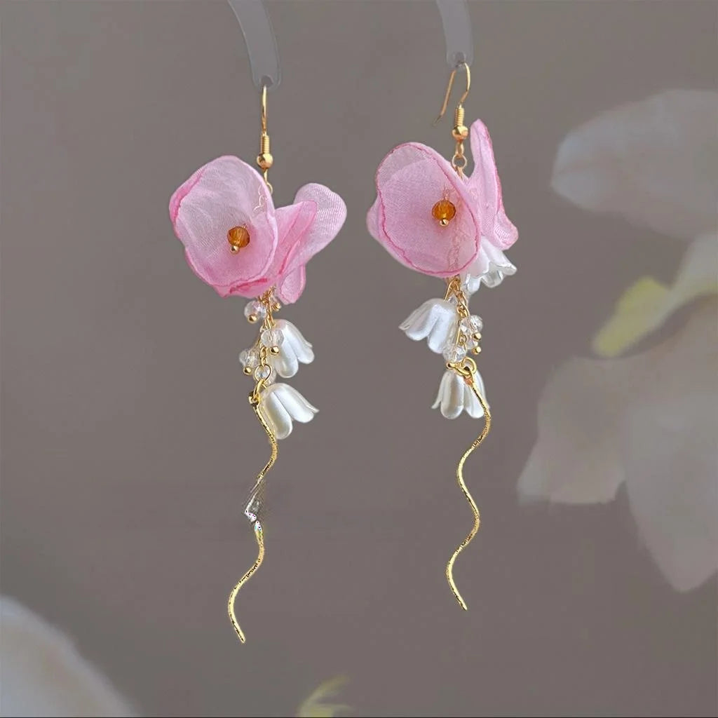 Handmade Copper Flower Tassel Drop Earrings For Women Sweet Summer Vacation Jewelry