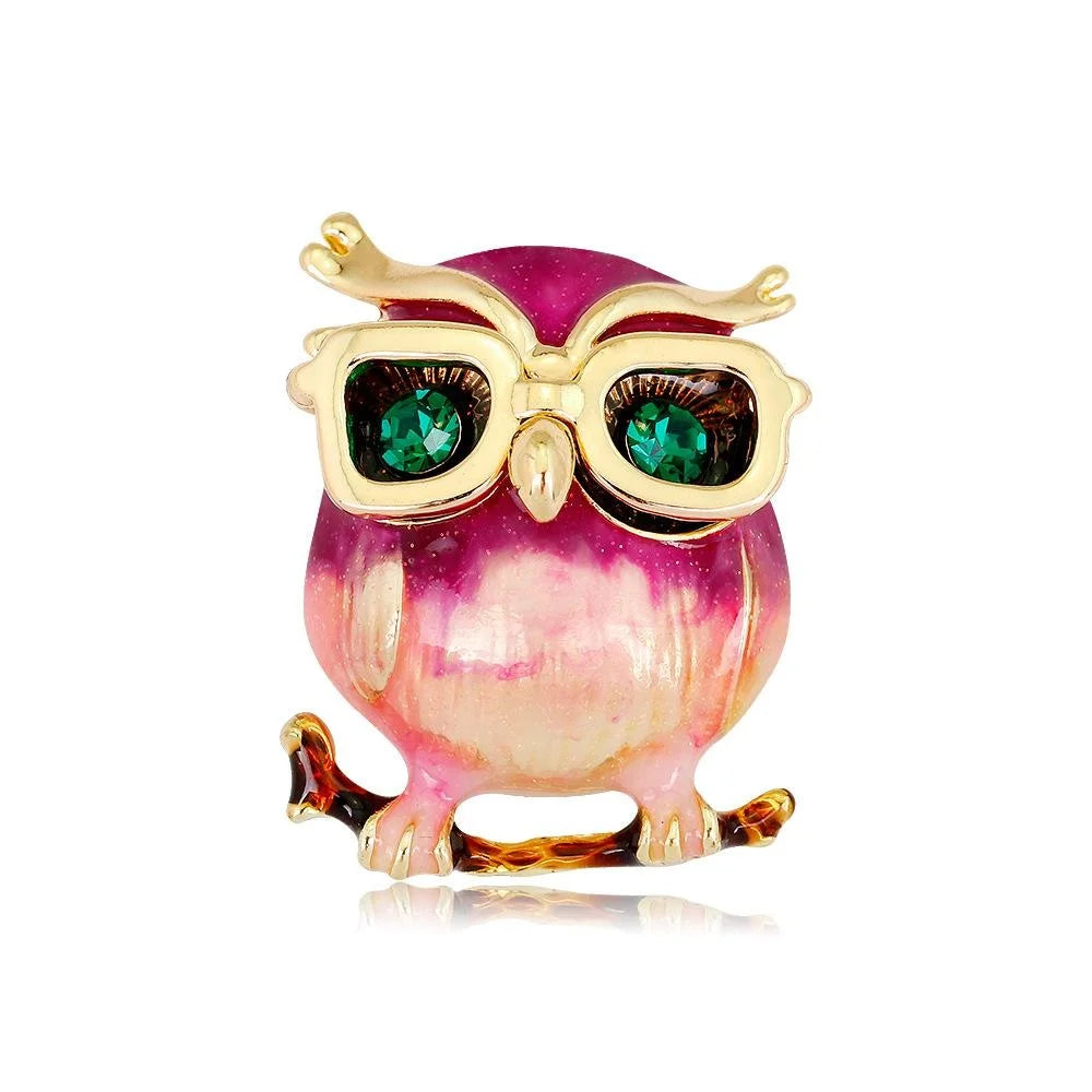 Cute Enamel Owl Brooch With Green Rhinestone Eyes, Gold Alloy Lapel Pin Corsage Suit Accessory Gift