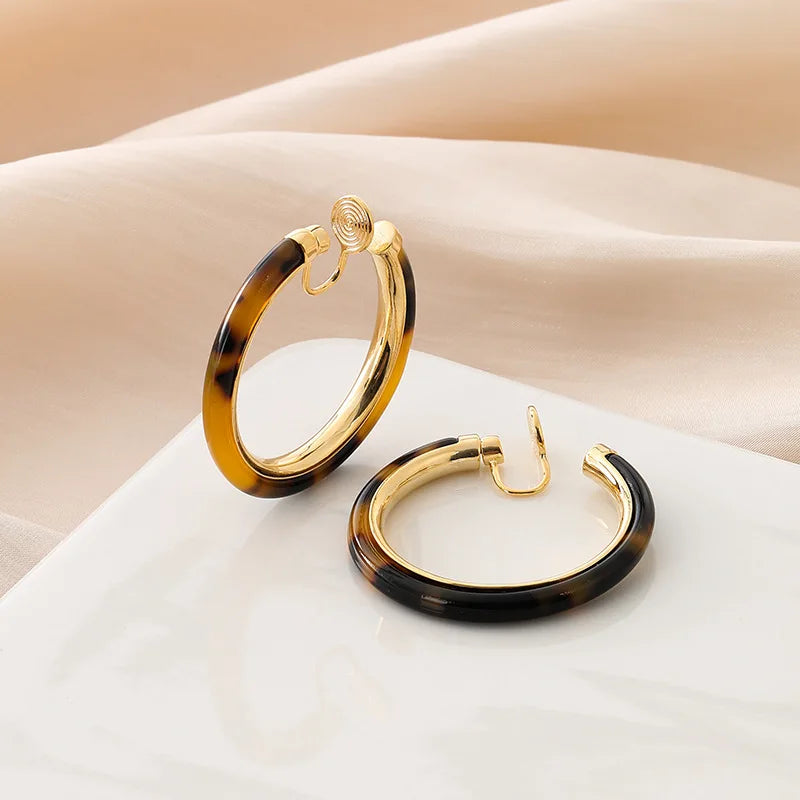 Elegant Brown Leopard Resin Hoop Stud & Clip On No Piercing Gold Alloy Spiral Disc Earrings
