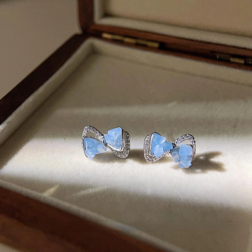 Blue Bow Stud Earrings With Micro Pave Zircon, Glass Crystal Chips, Sweet Fresh Commuter Style