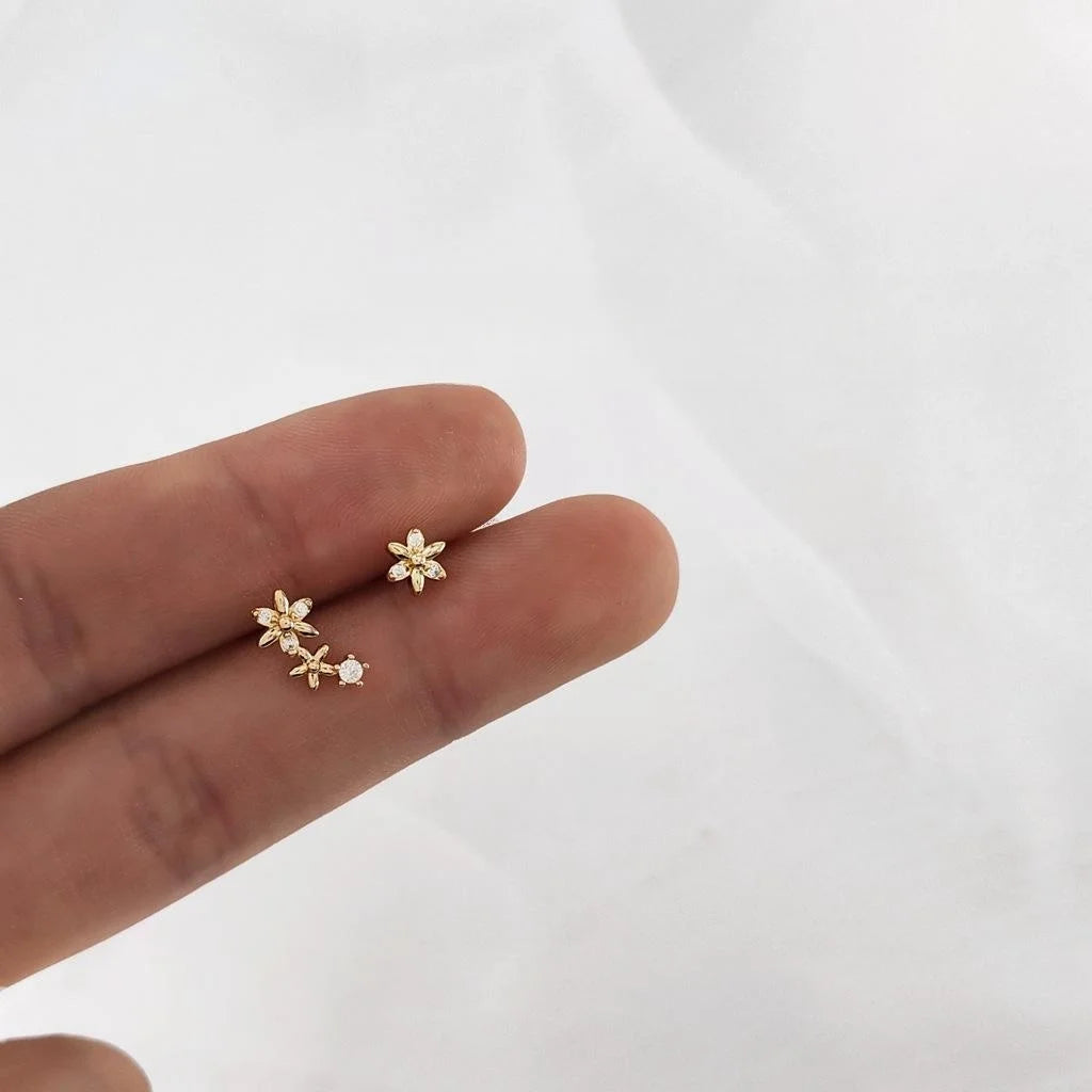 Gold Plated Copper Asymmetric Zircon Flower Stud Earrings With Silver Plated Pins, Fresh Minimalist