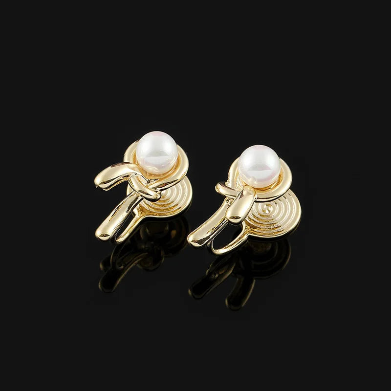 Elegant Luxury Gold Alloy Knotted Pearl Spiral Stud & Clip On No Piercing Statement Earrings