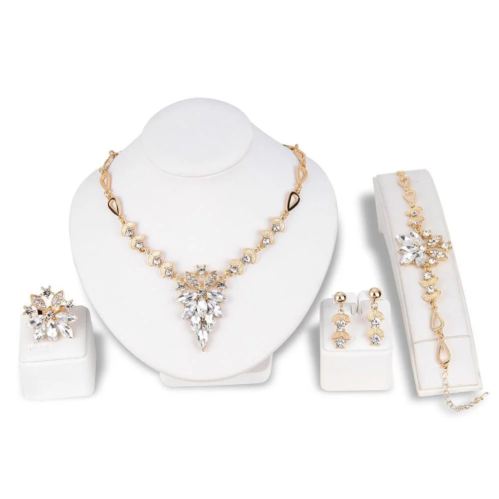 Luxury Red Crystal Rhinestone Leaf Flower Alloy Jewelry Set For Women Wedding Party Banquet Gift