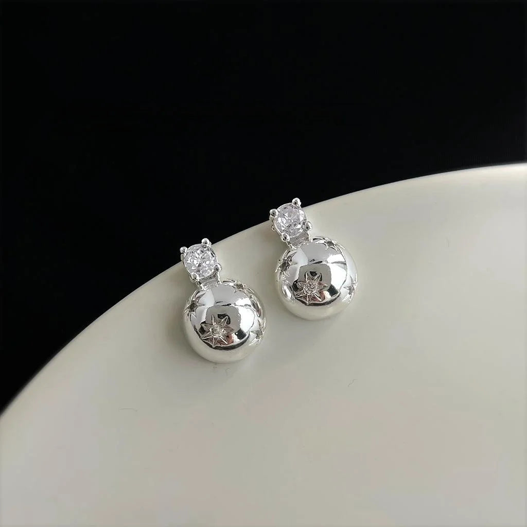 Light Luxury Copper Zircon Starburst Half Circle Geometric Silver Plated Stud Earrings