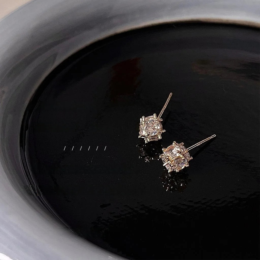 14K Plated Copper Geometric Square Zircon Stud Earrings Shiny Minimalist Luxury Ear Jewelry