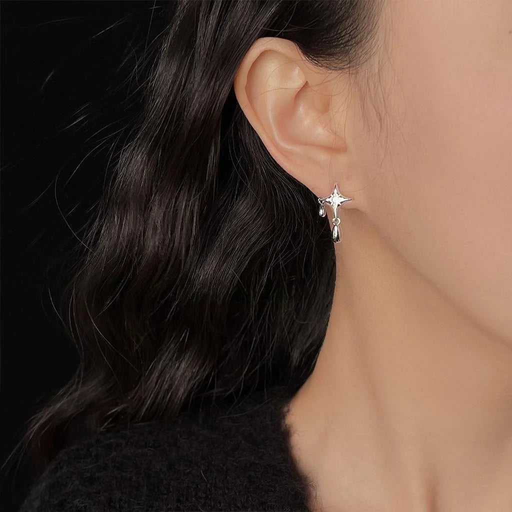 Silver Tone Copper Star Teardrop Stud Earrings Niche Designer Geometric Minimalist Jewelry