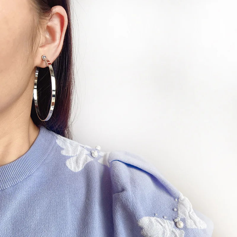Silver Alloy 6cm Oversized Spiral Disc Hoop Stud & Clip On No Piercing Statement Earrings
