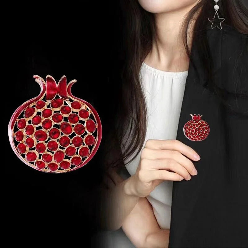 Elegant Red Enamel Pomegranate Brooch With Rhinestone Seeds, Alloy Fruit Lapel Pin Corsage Gift