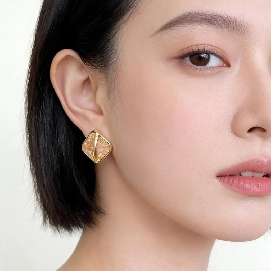 Vintage Geometric Gradient Glass Crystal Stud Earrings Copper Sunset Orange Chic Jewelry