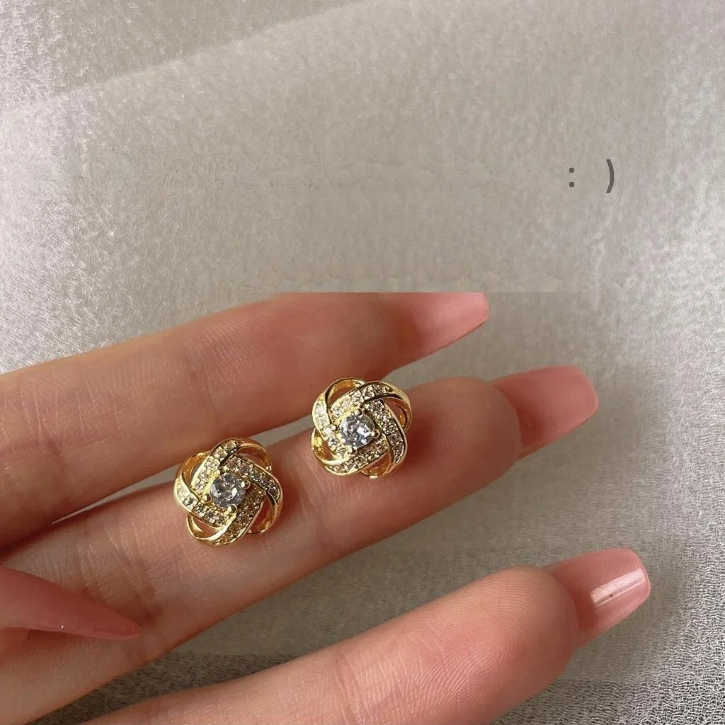 14K Plated Copper Zircon Spiral Knot Stud Earrings Korean Minimalist Mini Geometric Jewelry