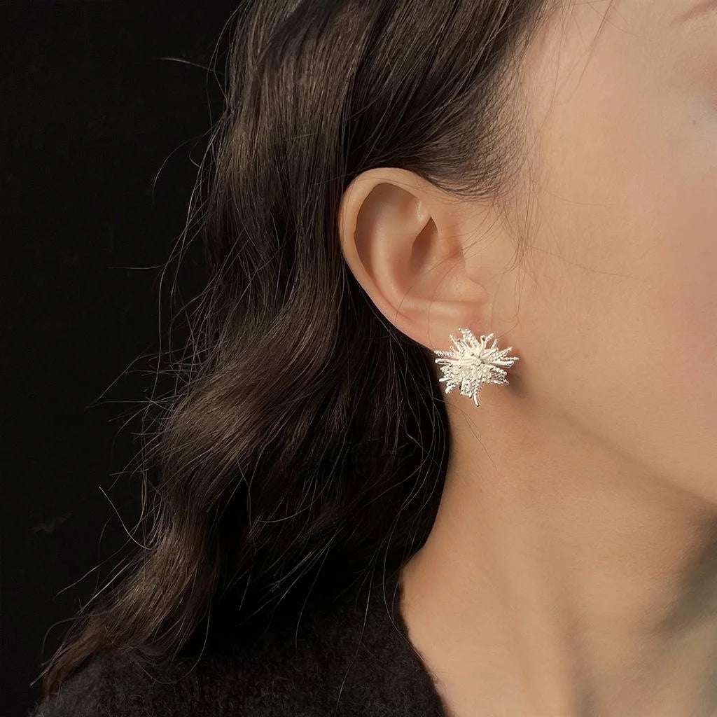 Silver Plated Copper Dandelion Flower Stud Earrings Minimalist Designer Spring Jewelry
