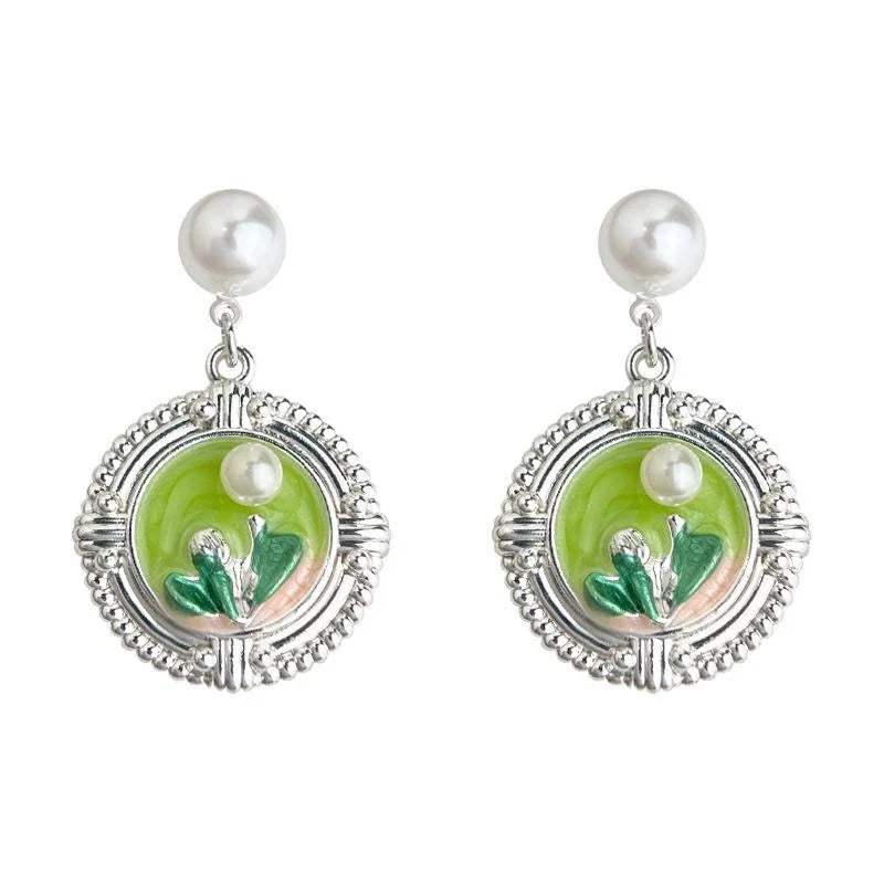 High-End Monet Garden Oil Painting Enamel Flower Leaf Copper Pearl Drop Earrings