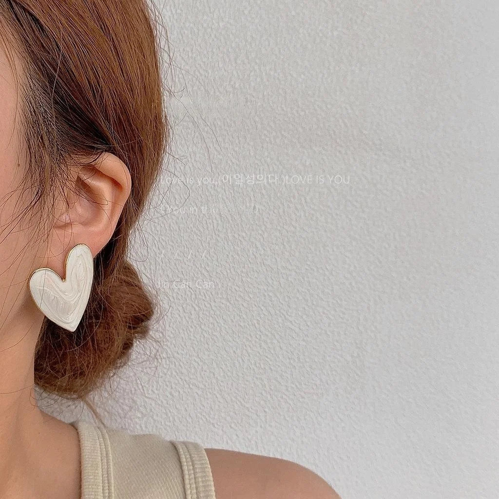 14K Gold Plated Enamel Heart Alloy Stud Earrings For Women Korean Style Jewelry
