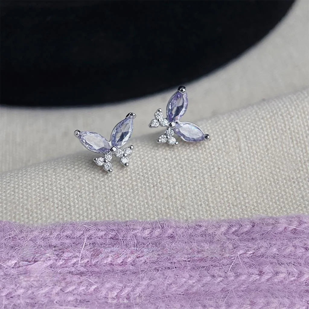 Sweet Purple Zircon Butterfly Stud Earrings Silver Plated Copper Light Luxury Jewelry