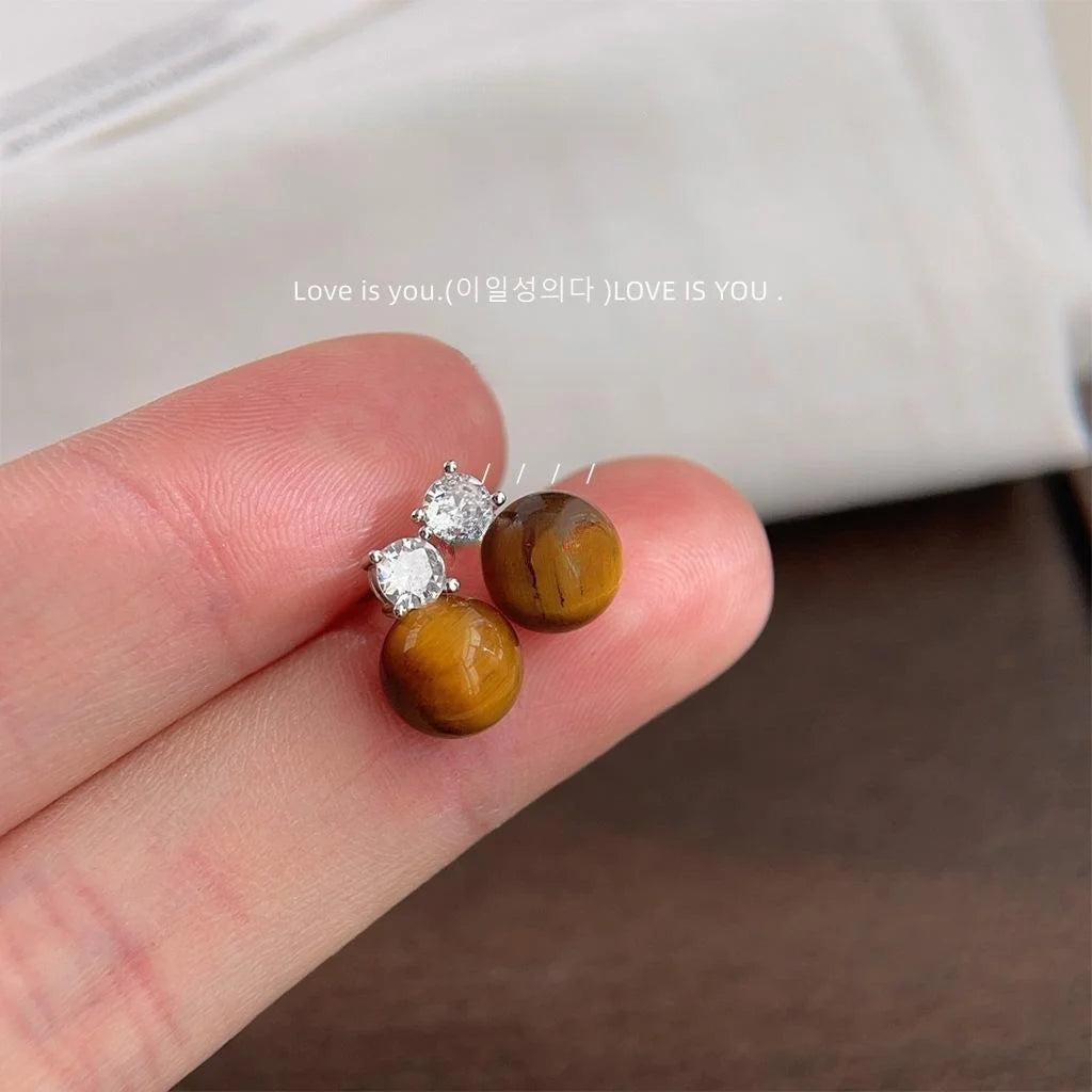 Light Luxury Tiger Eye Stud Earrings Brown Geometric Round Zircon Paved Copper Jewelry