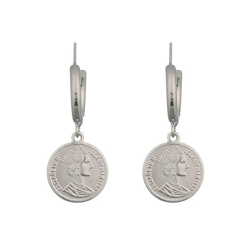 Vintage Silver Alloy Portrait Coin Spiral Hoop European Dangle Stud & Clip On No Piercing Earrings