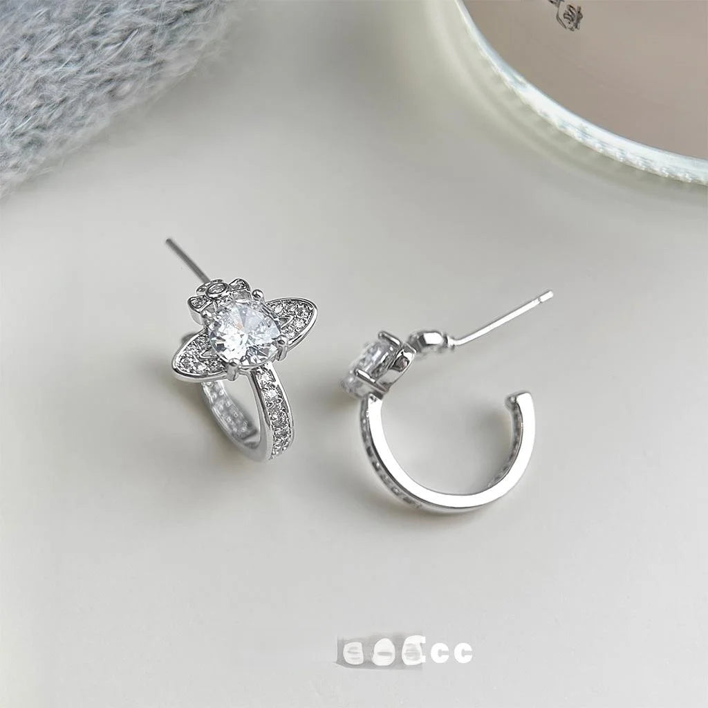 Sparkly Copper Zircon Saturn Planet Star Stud Earrings Creative Style Jewelry