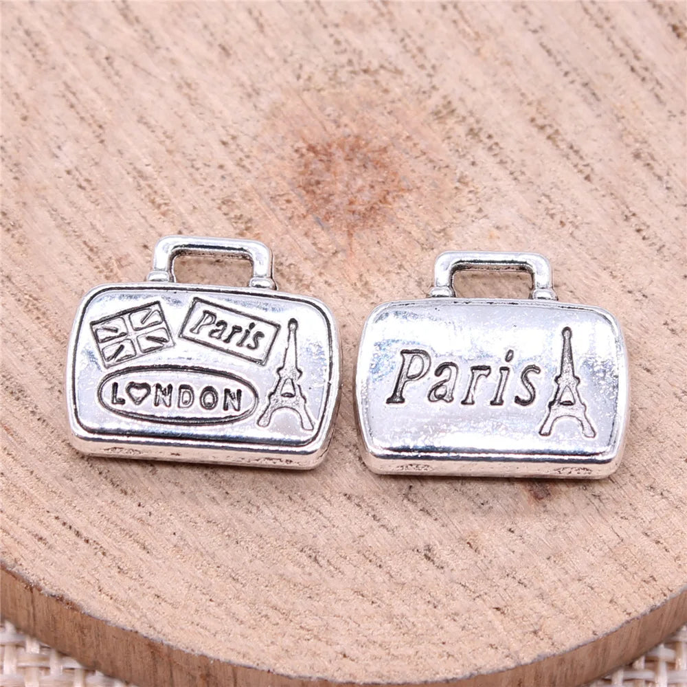 16x14mm 3.57g Antique Silver Zinc Alloy Paris London Luggage Bag Charm Pendant for Travel Jewelry