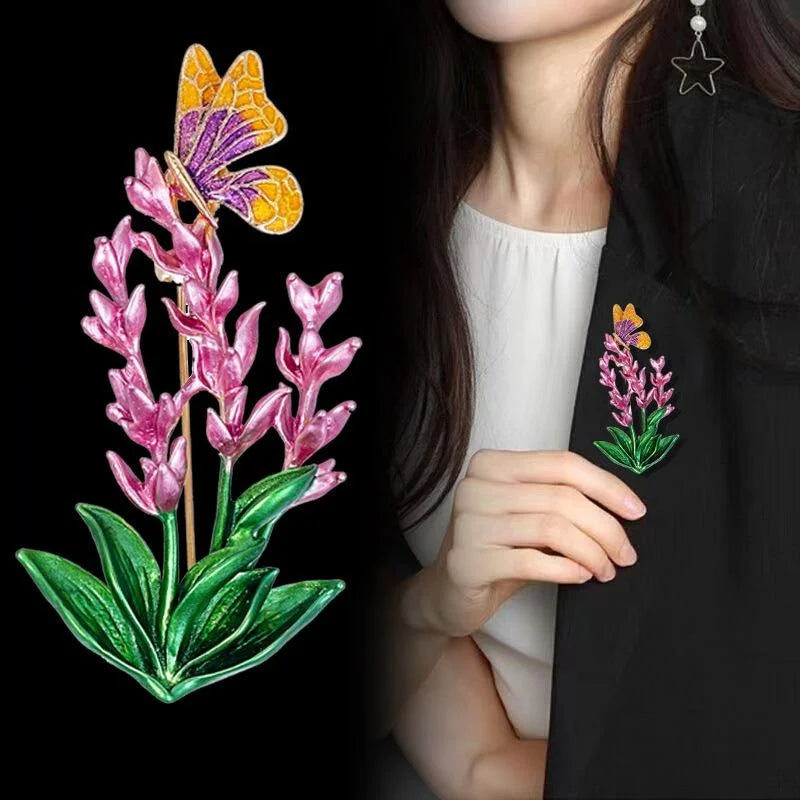 Elegant Enamel Alloy Lavender Bellflower Butterfly Brooch, Rhinestone Lapel Pin Corsage Suit Accessory Gift