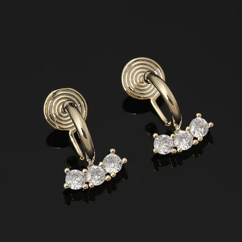 Elegant Gold Alloy Spiral Coil Hoop With Three Zircon Stones, Stud & Clip On No Piercing Earrings