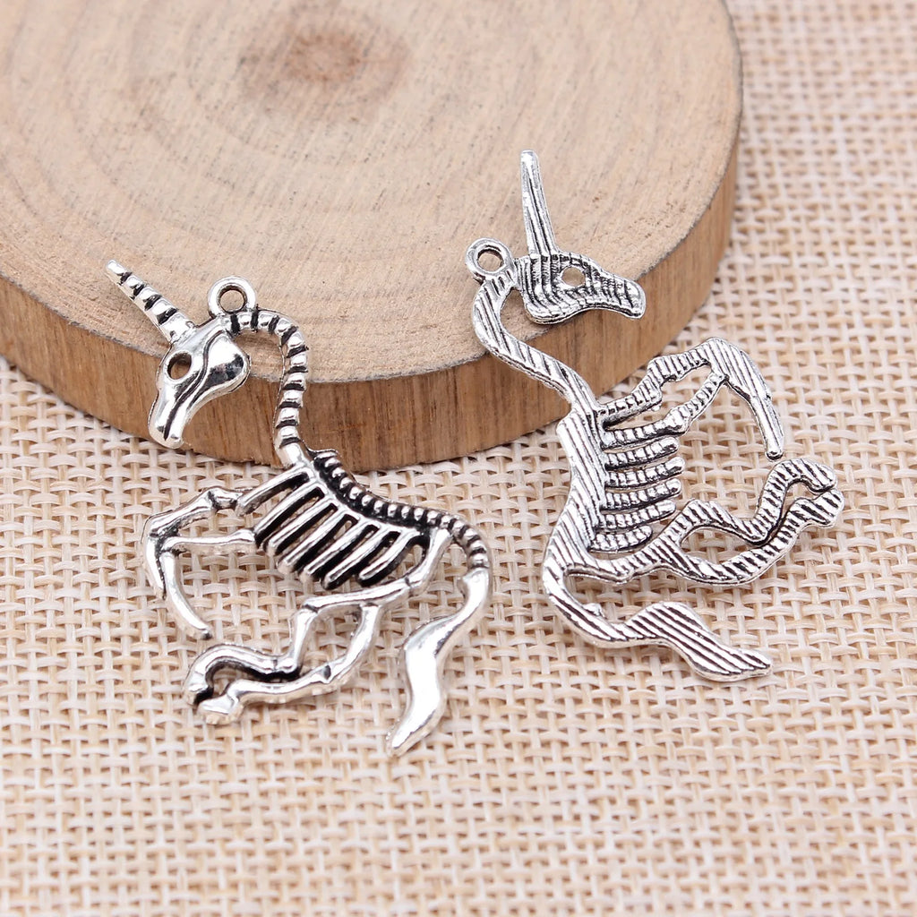 27x42mm 2.9g Antique Silver Zinc Alloy Unicorn Skeleton Charm Pendant for DIY Fantasy Jewelry Making