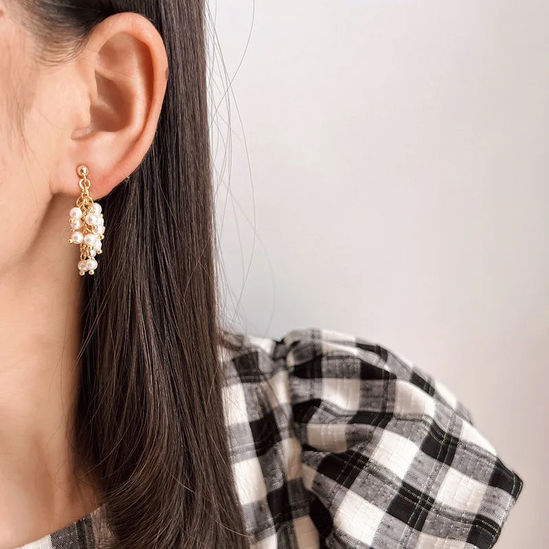 Elegant Handmade Faux Pearl Grape Cluster Tassel Gold Alloy Chain Stud & Clip On No Piercing Earrings