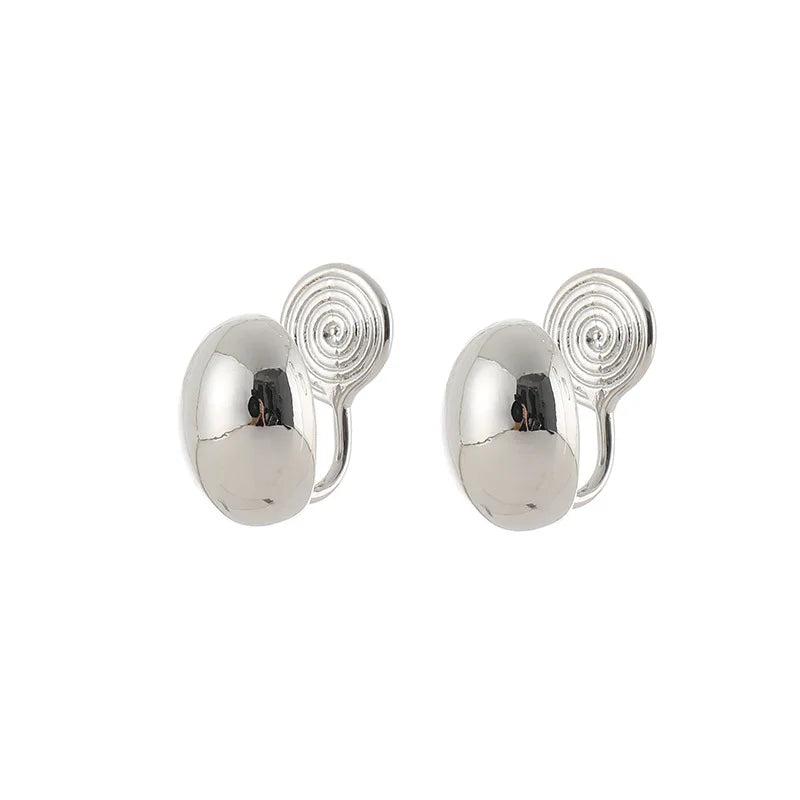 Elegant Smooth Gold Alloy Bean Oval Stud & Clip On No Piercing Minimalist Women's Fashion Earrings