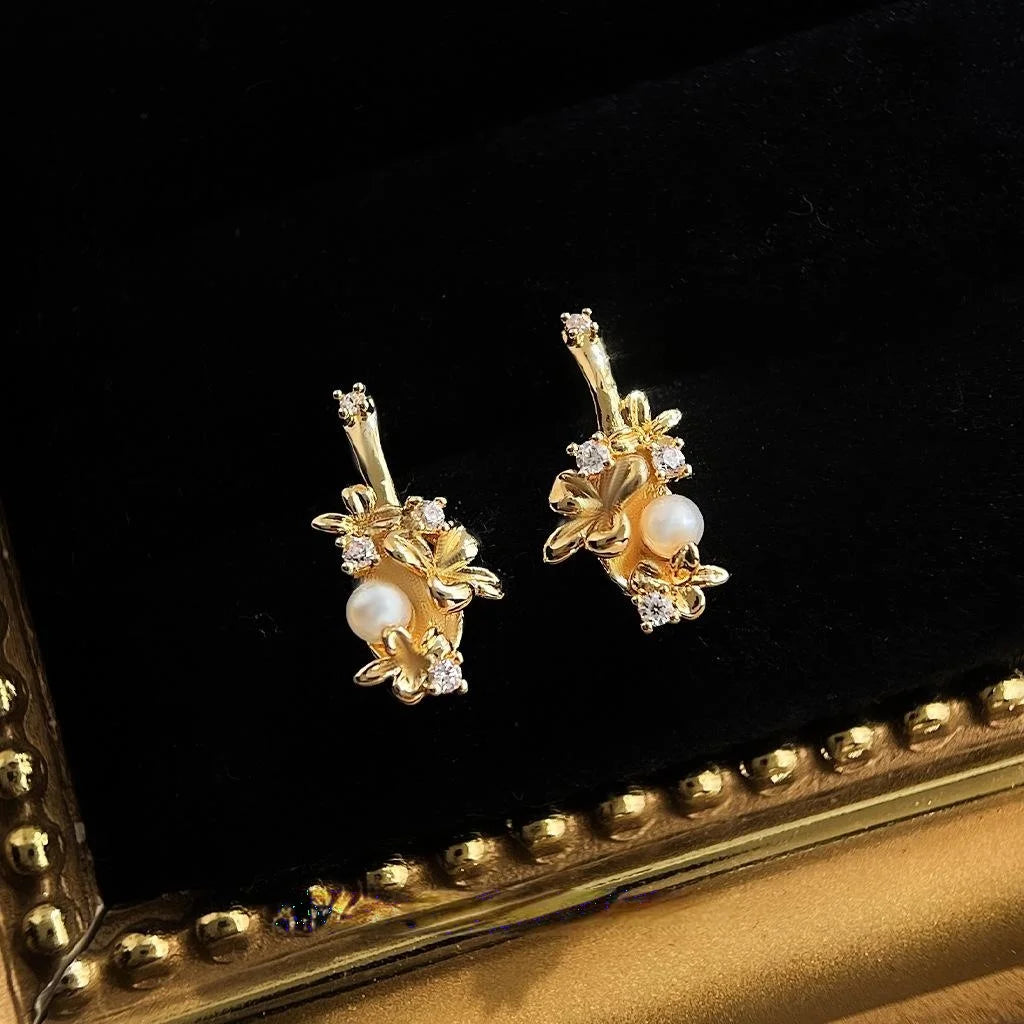 French Vintage Floral Zircon Stud Earrings Copper Dainty Flower Petal Jewelry