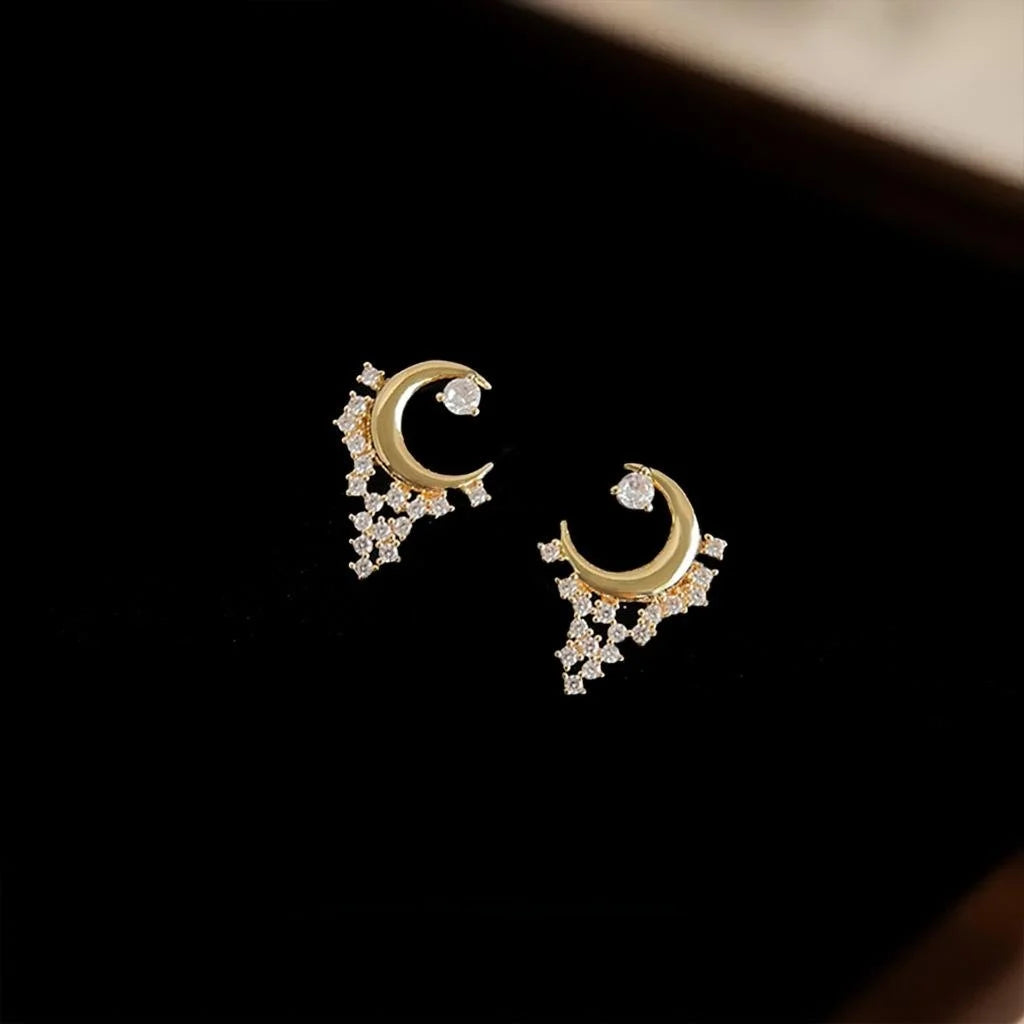 14K Plated Copper Moon Star Micro Pave Zircon Stud Earrings For Women