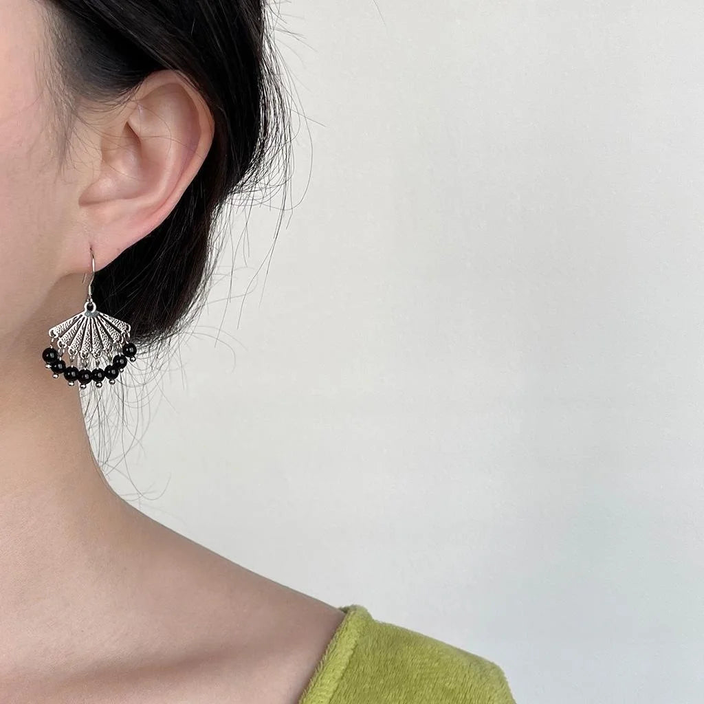 Ethnic Fan Tassel Drop Earrings Black Handmade Copper Silver Plated Elegant Geometric Jewelry