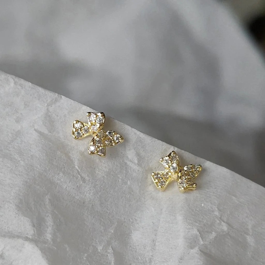 Silver Plated Copper Micro Pave Zircon Mini Bow Knot Stud Earrings For Women