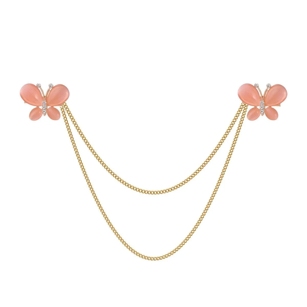 Elegant Pink Enamel Butterfly Chain Brooch With Rhinestone Alloy Collar Lapel Pin For Suit Accessory Gift