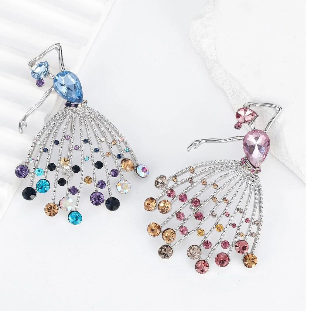 Elegant French Ballet Dancer Brooch With Blue Rhinestone Crystals, Alloy Lapel Pin Corsage Gift For Women